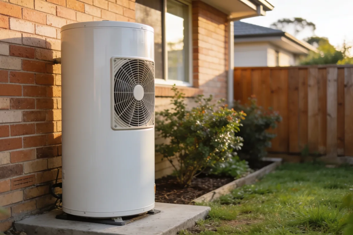 A plain white heat pump hot water unit standing on a concrete pad against the external wall of an Australian suburban house in soft morning light.