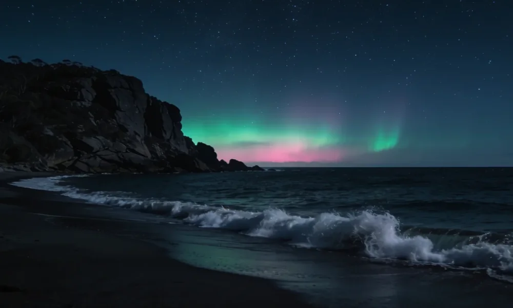 A faint green and pink aurora australis glow low over the southern ocean horizon from a dark Tasmanian beach at night, with a rocky headland silhouetted against the sky.