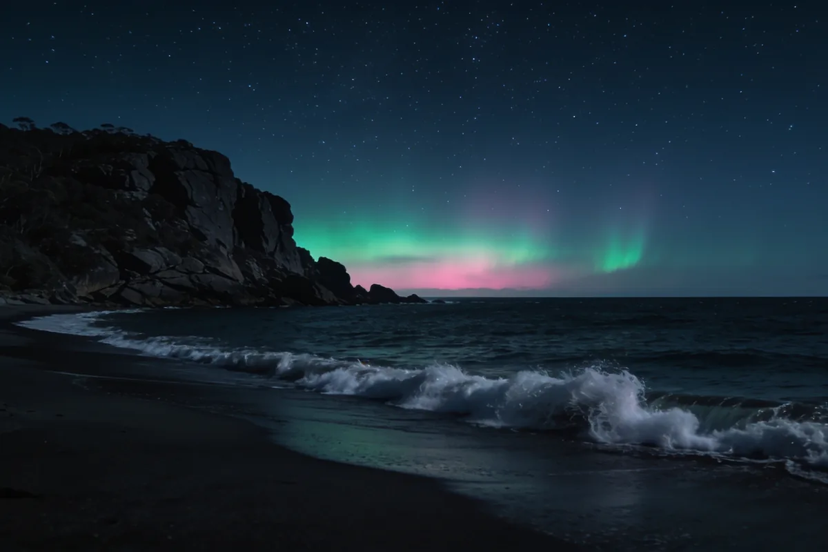 A faint green and pink aurora australis glow low over the southern ocean horizon from a dark Tasmanian beach at night, with a rocky headland silhouetted against the sky.