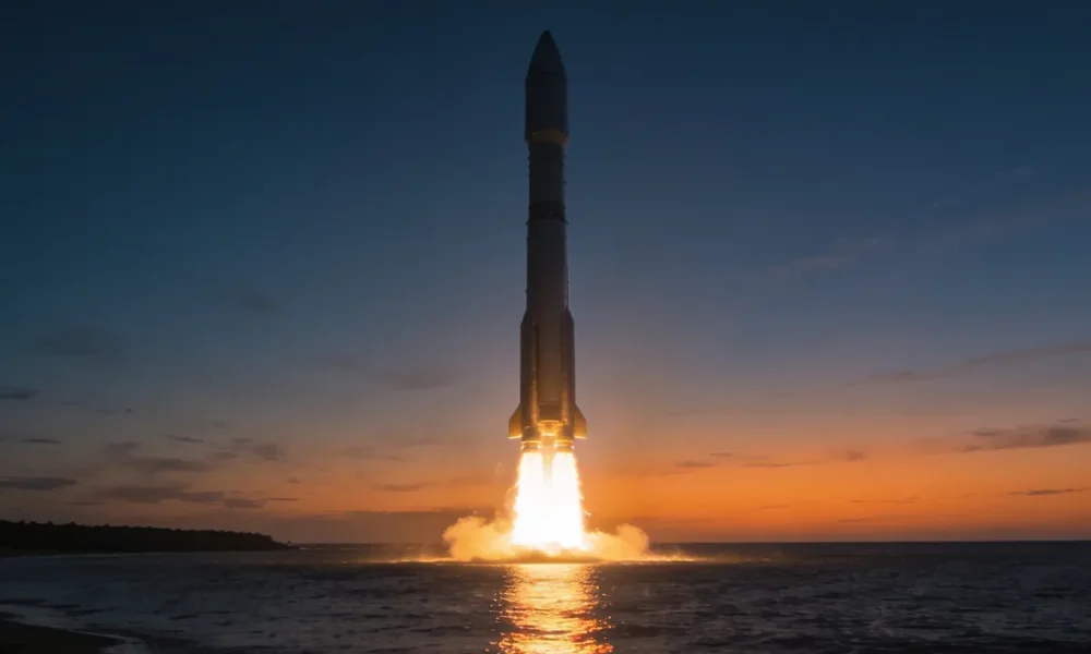 A large plain rocket lifting off from a coastal launch pad at dusk, its engine plume reflecting on calm water under a deep blue and orange twilight sky.