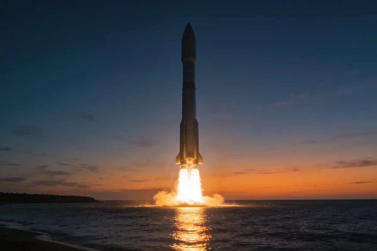 A large plain rocket lifting off from a coastal launch pad at dusk, its engine plume reflecting on calm water under a deep blue and orange twilight sky.