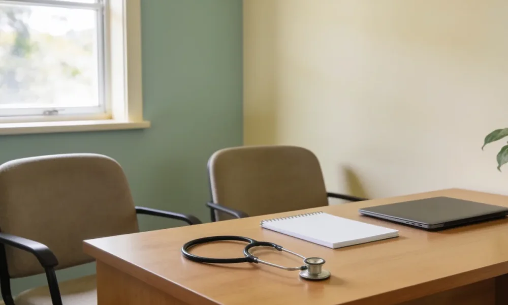 A calm GP consultation room in Australia with two chairs beside a desk near a window and a stethoscope resting on the desk in natural daylight.