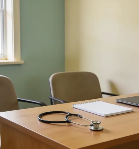 A calm GP consultation room in Australia with two chairs beside a desk near a window and a stethoscope resting on the desk in natural daylight.