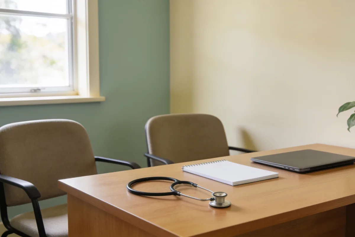 A calm GP consultation room in Australia with two chairs beside a desk near a window and a stethoscope resting on the desk in natural daylight.