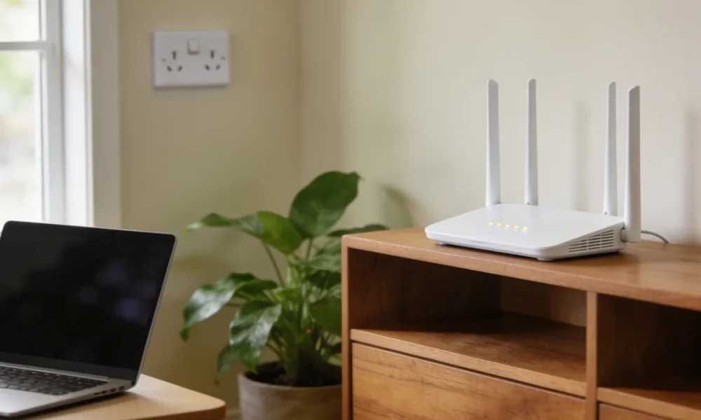 A plain white wi-fi router standing on a wooden shelf near a window in an Australian living room, with a laptop on a nearby table and a potted plant in natural daylight.