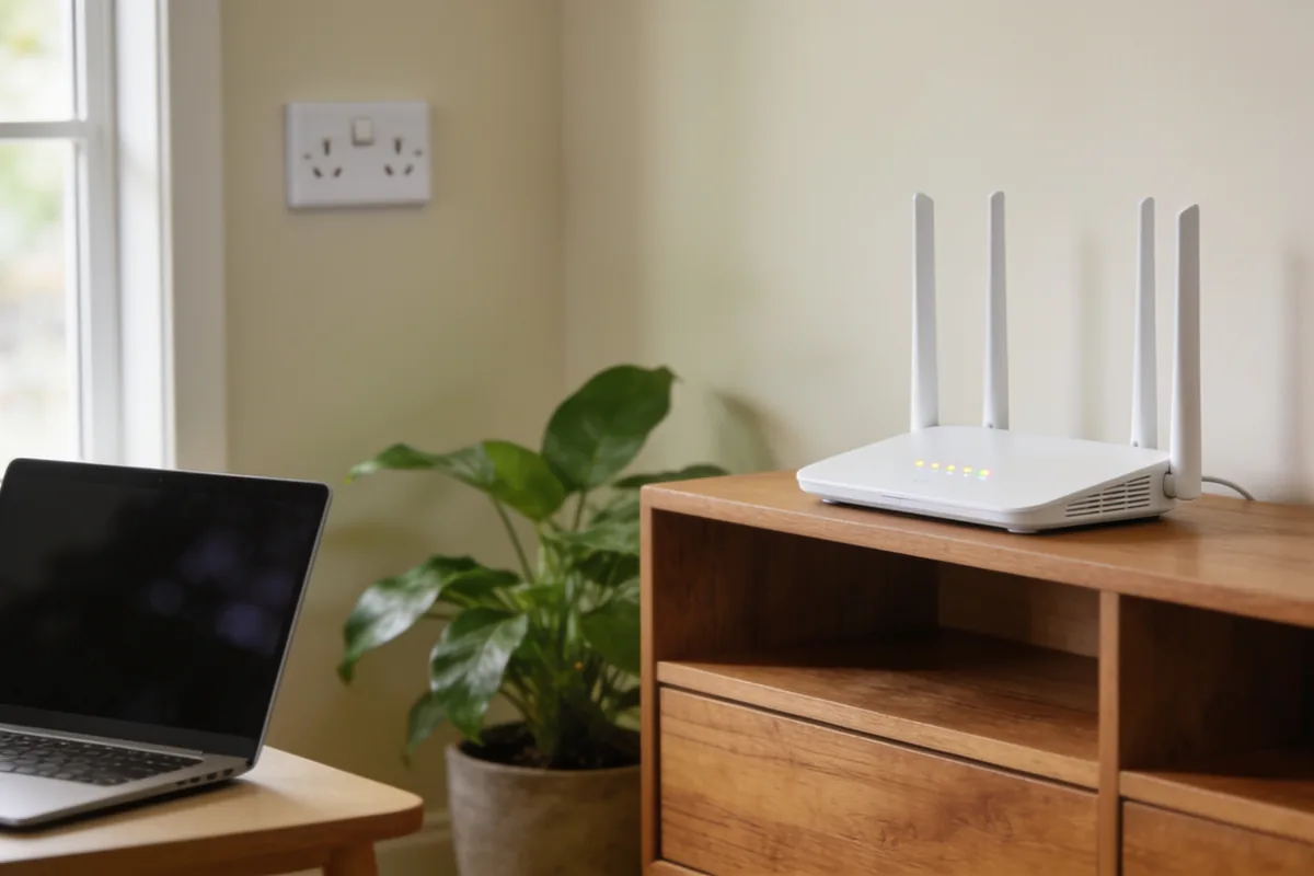 A plain white wi-fi router standing on a wooden shelf near a window in an Australian living room, with a laptop on a nearby table and a potted plant in natural daylight.