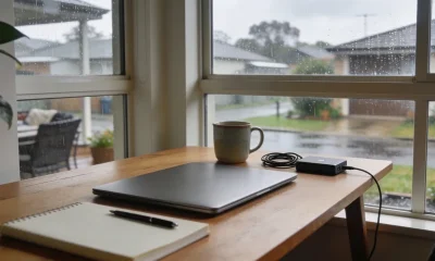 Timber home-office desk with a closed laptop, an open notebook and pen, a mug and a small external hard drive beside a rain-streaked window looking onto a wet suburban Australian street