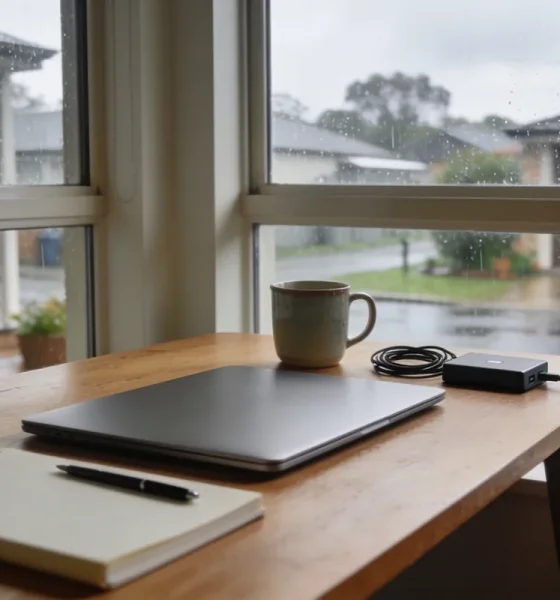 Timber home-office desk with a closed laptop, an open notebook and pen, a mug and a small external hard drive beside a rain-streaked window looking onto a wet suburban Australian street