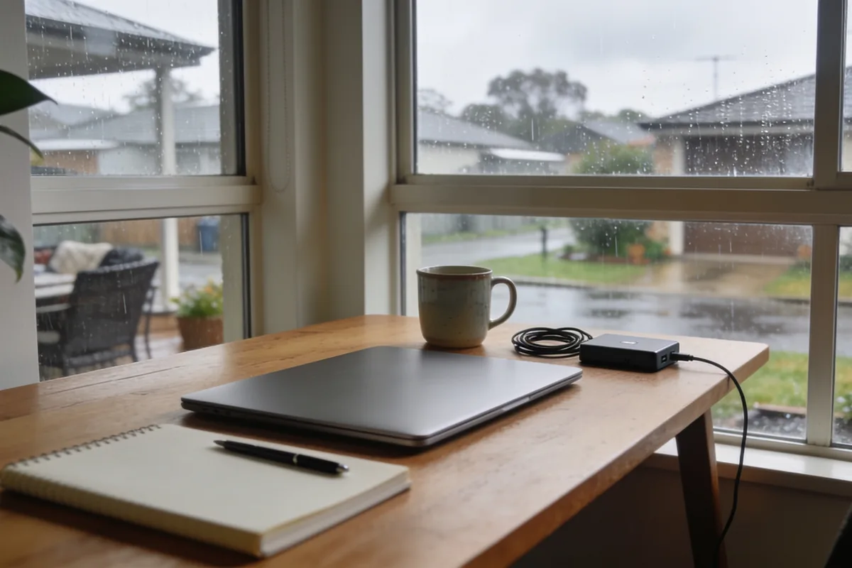 Timber home-office desk with a closed laptop, an open notebook and pen, a mug and a small external hard drive beside a rain-streaked window looking onto a wet suburban Australian street