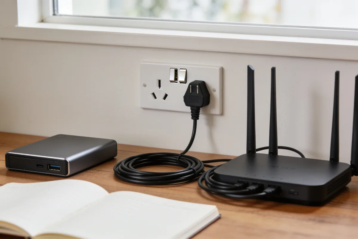 External hard drive, open notebook and a tidied coil of cable beside a home router on a timber desk, with a power point and plug on the wall behind