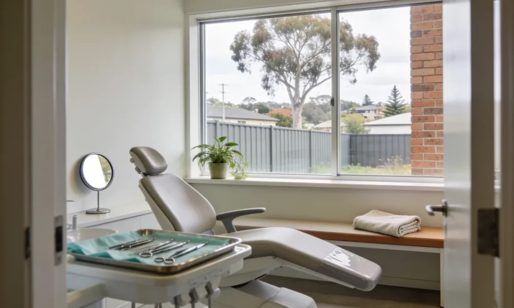 Calm dental surgery viewed from the doorway, with the dental chair angled towards a large window, a houseplant on the sill, and a gum tree, fence and brick wall beyond the glass