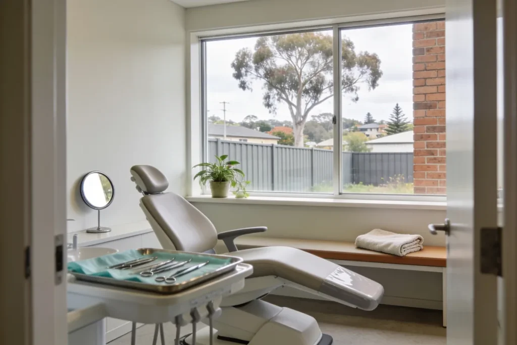 Calm dental surgery viewed from the doorway, with the dental chair angled towards a large window, a houseplant on the sill, and a gum tree, fence and brick wall beyond the glass