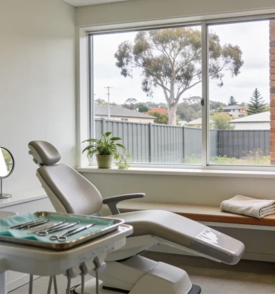 Calm dental surgery viewed from the doorway, with the dental chair angled towards a large window, a houseplant on the sill, and a gum tree, fence and brick wall beyond the glass