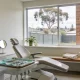 Calm dental surgery viewed from the doorway, with the dental chair angled towards a large window, a houseplant on the sill, and a gum tree, fence and brick wall beyond the glass