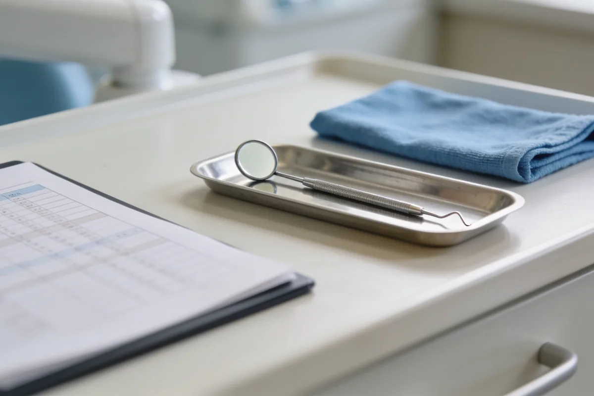 Slim periodontal probe and a small round mouth mirror on a stainless steel tray beside a folded blue cloth, with a clipboard and an unreadable dental chart in the foreground