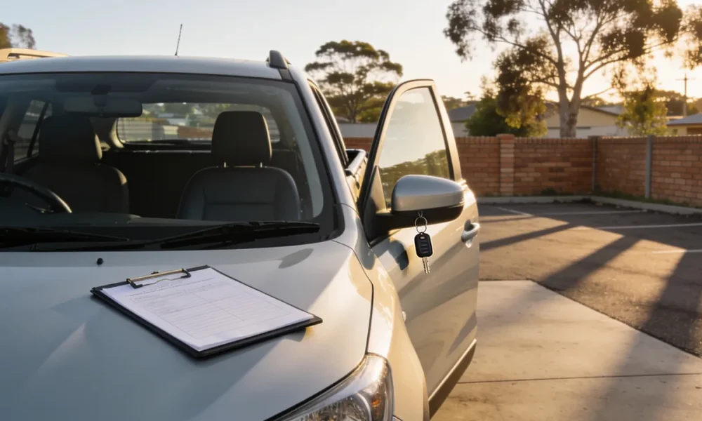 Right-hand-drive compact SUV parked in a suburban car hire yard in late afternoon light, one front door open with a set of keys hanging from the handle and a clipboard with a blank condition sheet on the bonnet