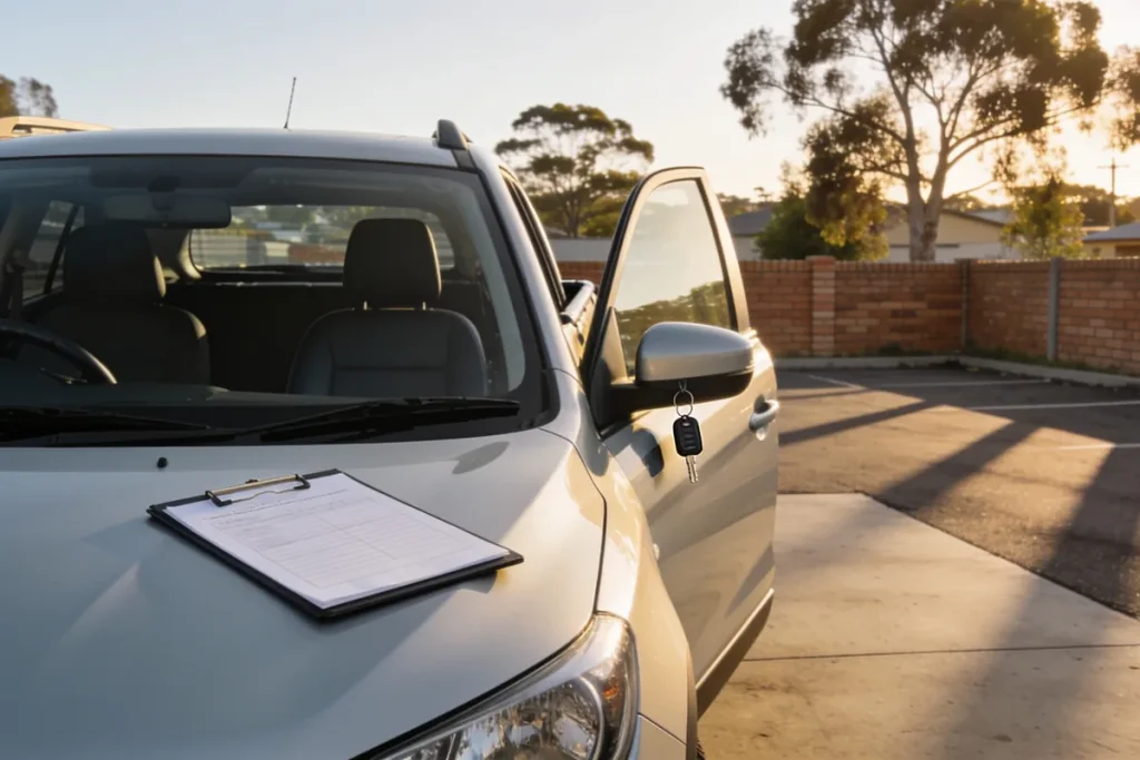 Right-hand-drive compact SUV parked in a suburban car hire yard in late afternoon light, one front door open with a set of keys hanging from the handle and a clipboard with a blank condition sheet on the bonnet