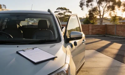 Right-hand-drive compact SUV parked in a suburban car hire yard in late afternoon light, one front door open with a set of keys hanging from the handle and a clipboard with a blank condition sheet on the bonnet