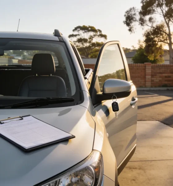 Right-hand-drive compact SUV parked in a suburban car hire yard in late afternoon light, one front door open with a set of keys hanging from the handle and a clipboard with a blank condition sheet on the bonnet