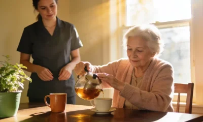 Elderly woman pouring tea at a kitchen table while a younger carer stands one step behind in a bright Australian home