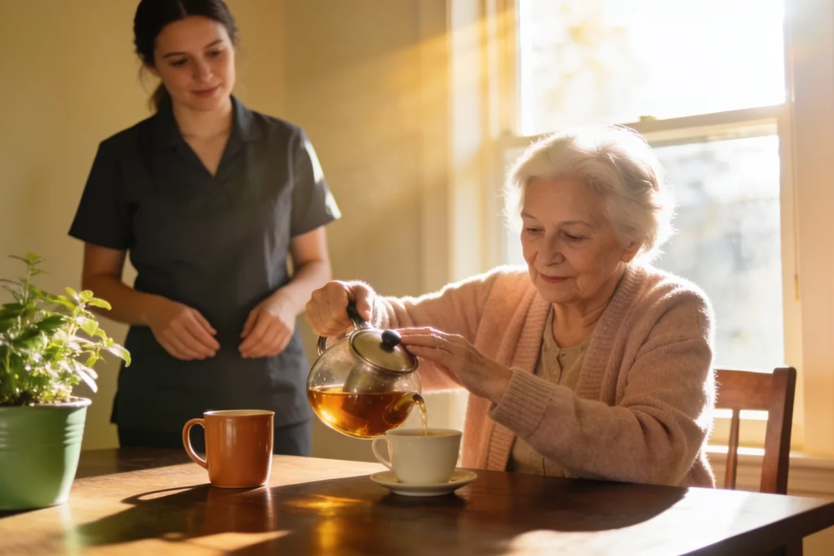 Elderly woman pouring tea at a kitchen table while a younger carer stands one step behind in a bright Australian home