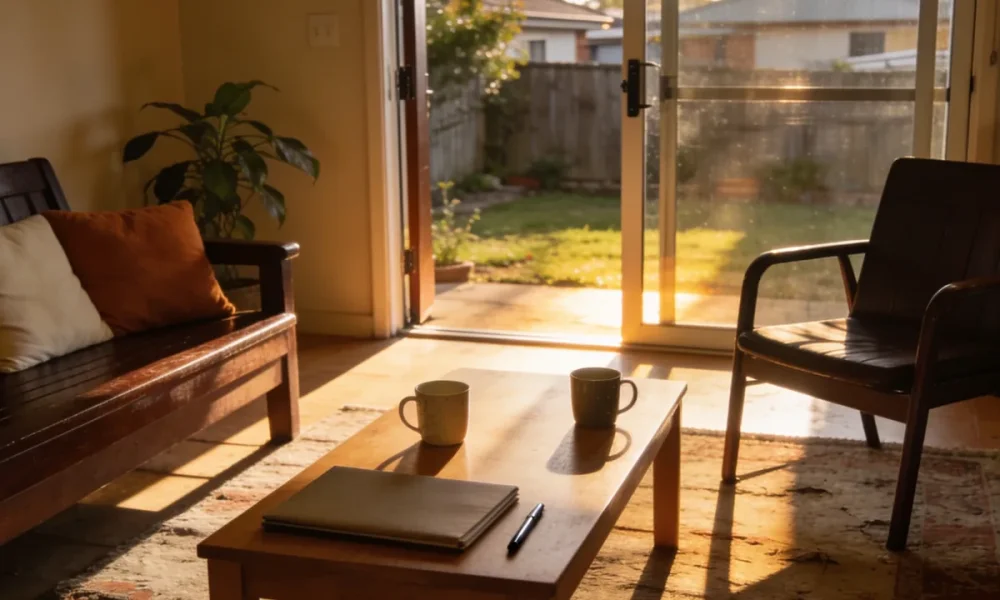 A bright, lived-in Australian living room in the late afternoon with two mugs, a closed folder and a pen on a low table, a chair pulled up to it and a sliding door open onto a small sunlit garden.