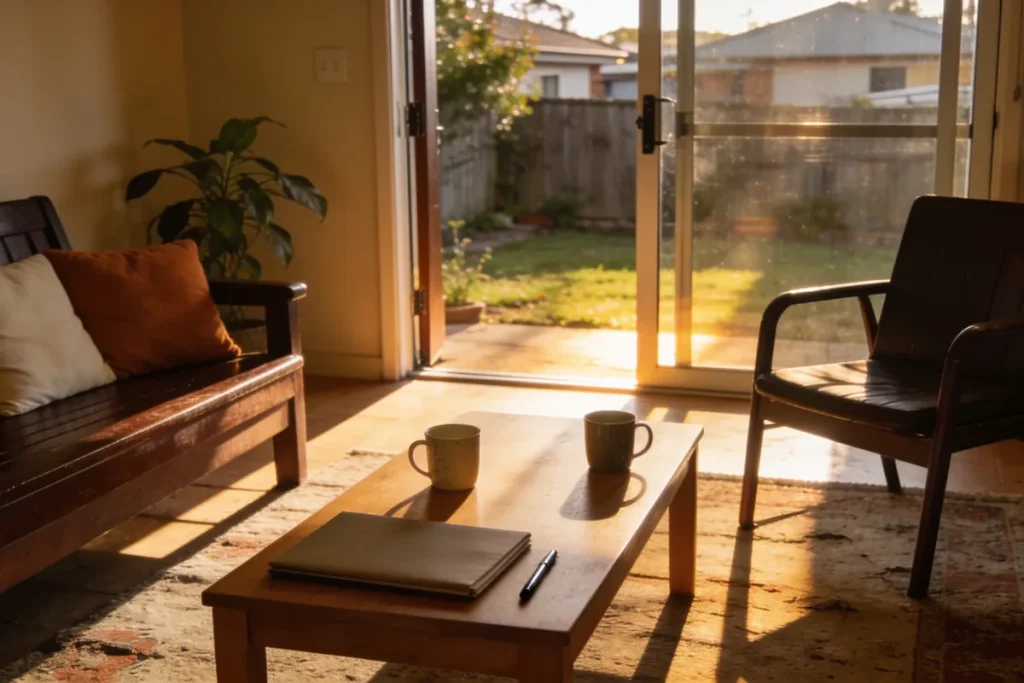 A bright, lived-in Australian living room in the late afternoon with two mugs, a closed folder and a pen on a low table, a chair pulled up to it and a sliding door open onto a small sunlit garden.