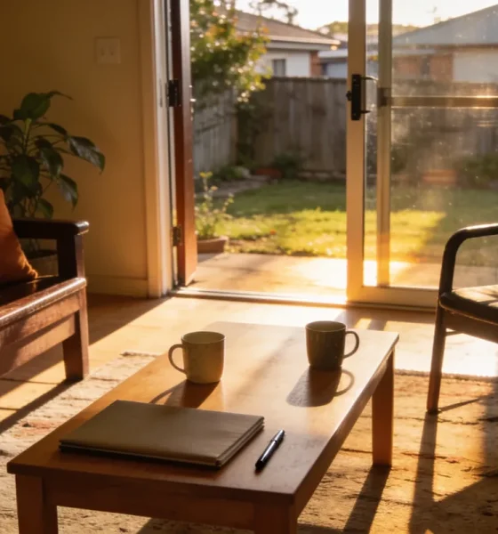 A bright, lived-in Australian living room in the late afternoon with two mugs, a closed folder and a pen on a low table, a chair pulled up to it and a sliding door open onto a small sunlit garden.