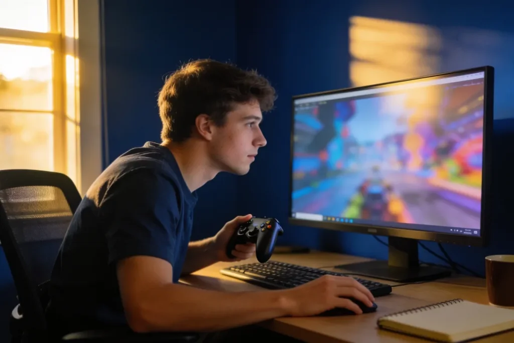 A game developer testing a video game at a desk in a home office in late afternoon light.