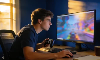 A game developer testing a video game at a desk in a home office in late afternoon light.