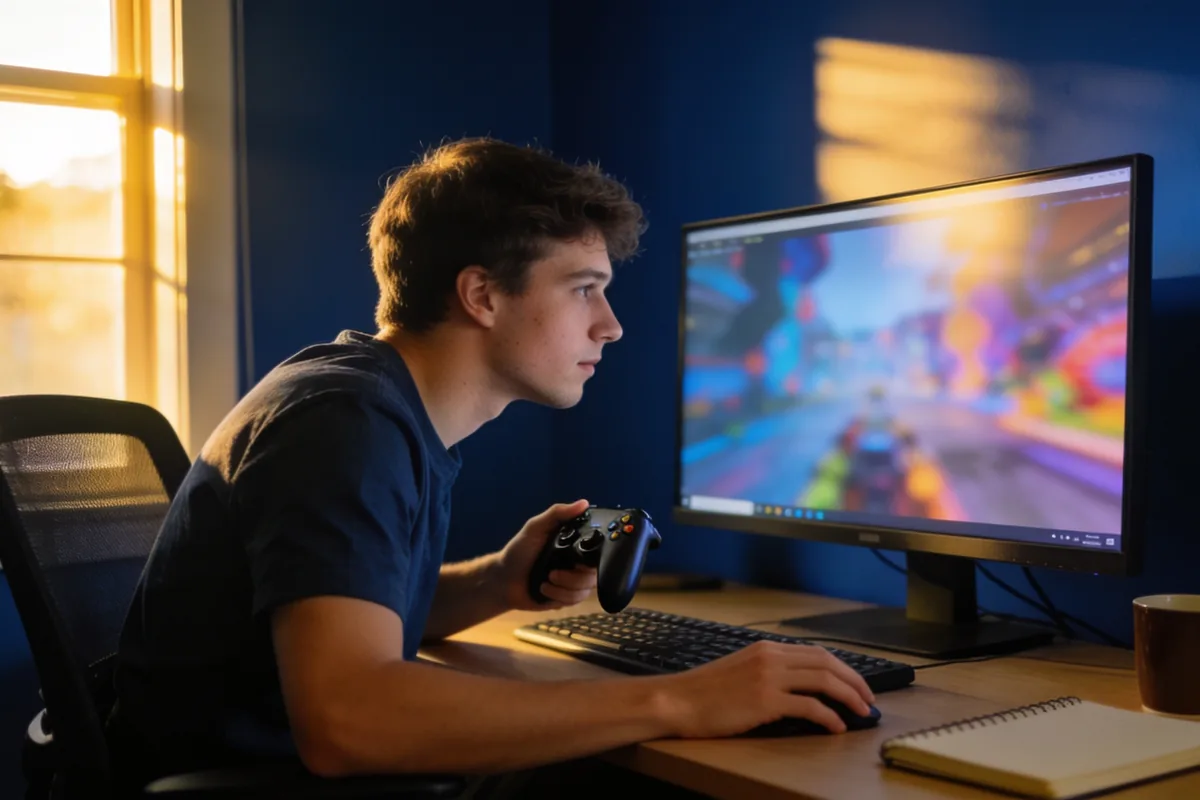 A game developer testing a video game at a desk in a home office in late afternoon light.