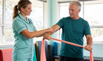 An allied health assistant guiding a client through a resistance band exercise in a bright therapy room.