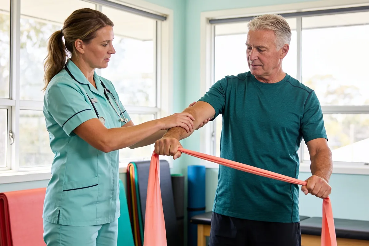 An allied health assistant guiding a client through a resistance band exercise in a bright therapy room.
