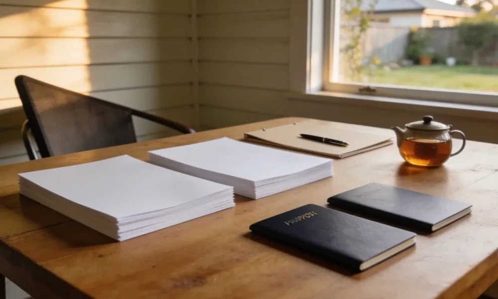 Two stacks of blank paperwork, a folder and pen, a pot of tea and two closed passports on a timber table in late afternoon light, with a weatherboard wall and suburban garden behind