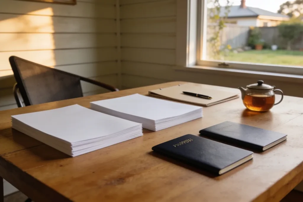 Two stacks of blank paperwork, a folder and pen, a pot of tea and two closed passports on a timber table in late afternoon light, with a weatherboard wall and suburban garden behind