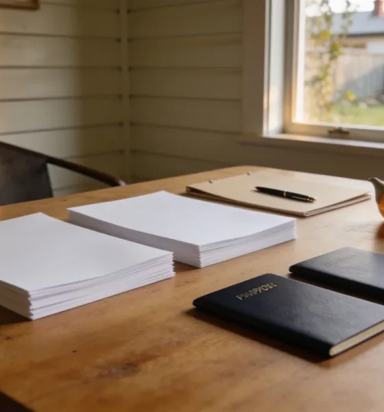 Two stacks of blank paperwork, a folder and pen, a pot of tea and two closed passports on a timber table in late afternoon light, with a weatherboard wall and suburban garden behind
