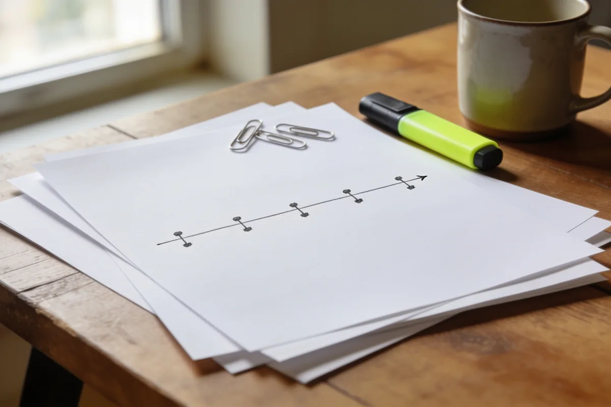 Blank sheets of paper with a simple hand-drawn timeline of a line and marks on the top sheet, alongside a highlighter, paper clips and a mug on a timber table in window light
