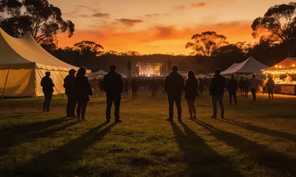 outdoor festival crowd at golden hour in an Australian park