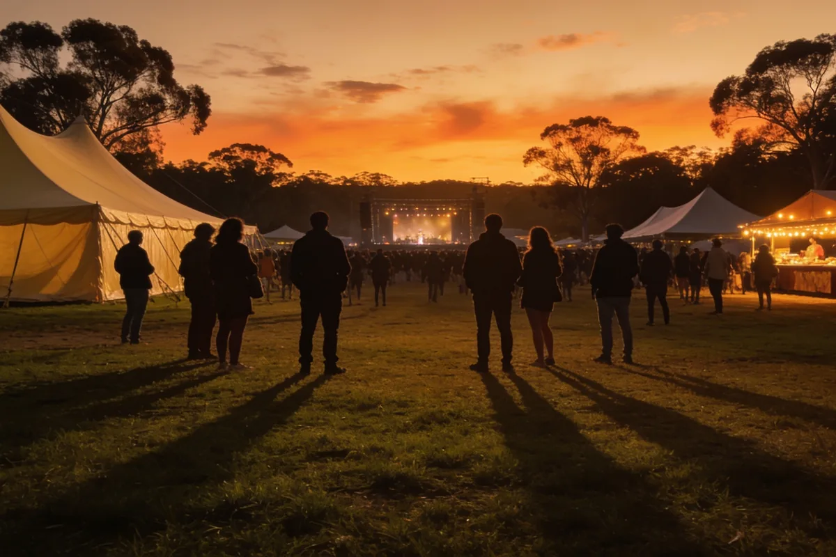 outdoor festival crowd at golden hour in an Australian park