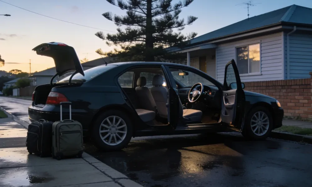 Dark sedan parked at the kerb on a quiet suburban Australian street at first light, its boot open and two soft-shell suitcases standing on the footpath beside it, both kerbside doors open