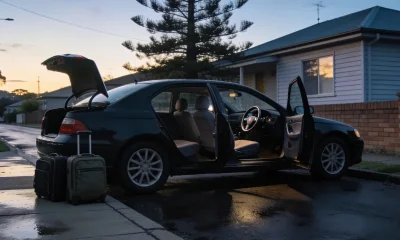 Dark sedan parked at the kerb on a quiet suburban Australian street at first light, its boot open and two soft-shell suitcases standing on the footpath beside it, both kerbside doors open