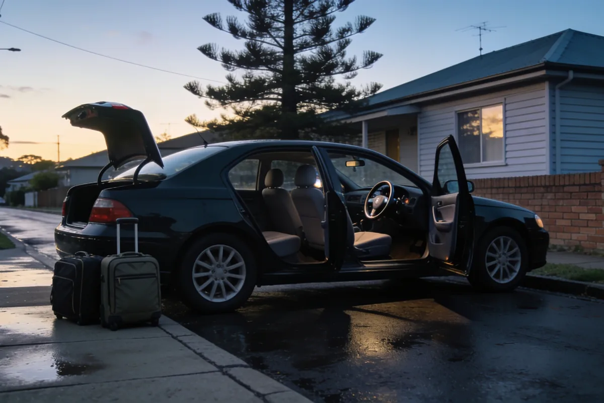 Dark sedan parked at the kerb on a quiet suburban Australian street at first light, its boot open and two soft-shell suitcases standing on the footpath beside it, both kerbside doors open