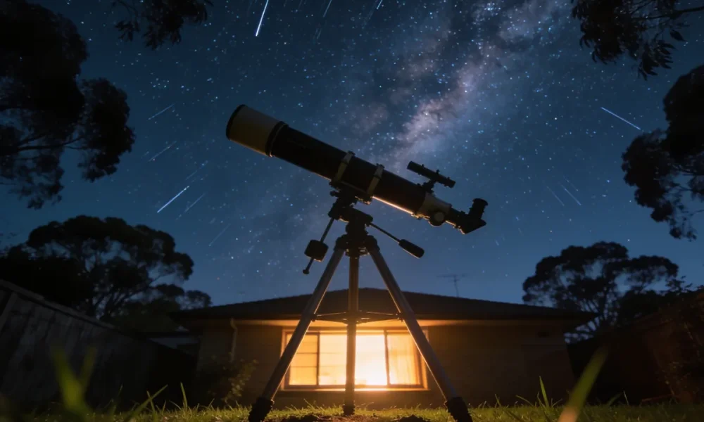 A backyard telescope on grass in an Australian suburb at night pointing at a starry sky with the Milky Way faintly visible, silhouetted gum trees and a warm-lit house window in the background.