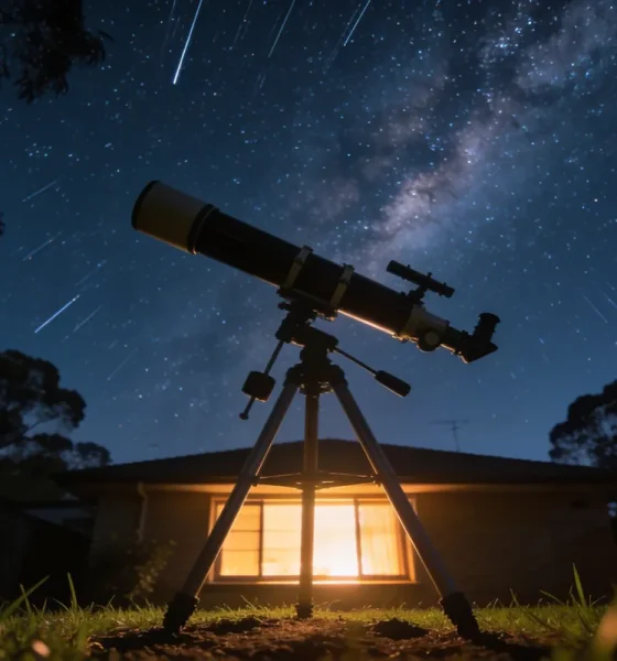 A backyard telescope on grass in an Australian suburb at night pointing at a starry sky with the Milky Way faintly visible, silhouetted gum trees and a warm-lit house window in the background.