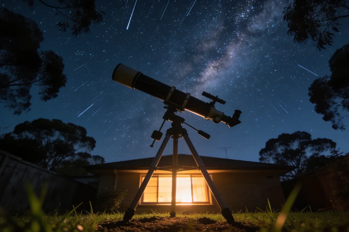 A backyard telescope on grass in an Australian suburb at night pointing at a starry sky with the Milky Way faintly visible, silhouetted gum trees and a warm-lit house window in the background.
