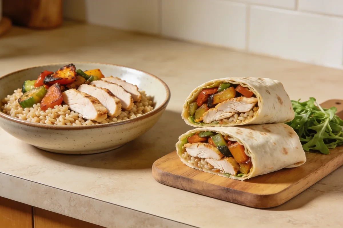 Two different dinners made from the same prepared parts on a kitchen bench: a grain bowl with roasted vegetables and sliced chicken on the left, and a wrap filled with the same roasted vegetables and chicken on the right.
