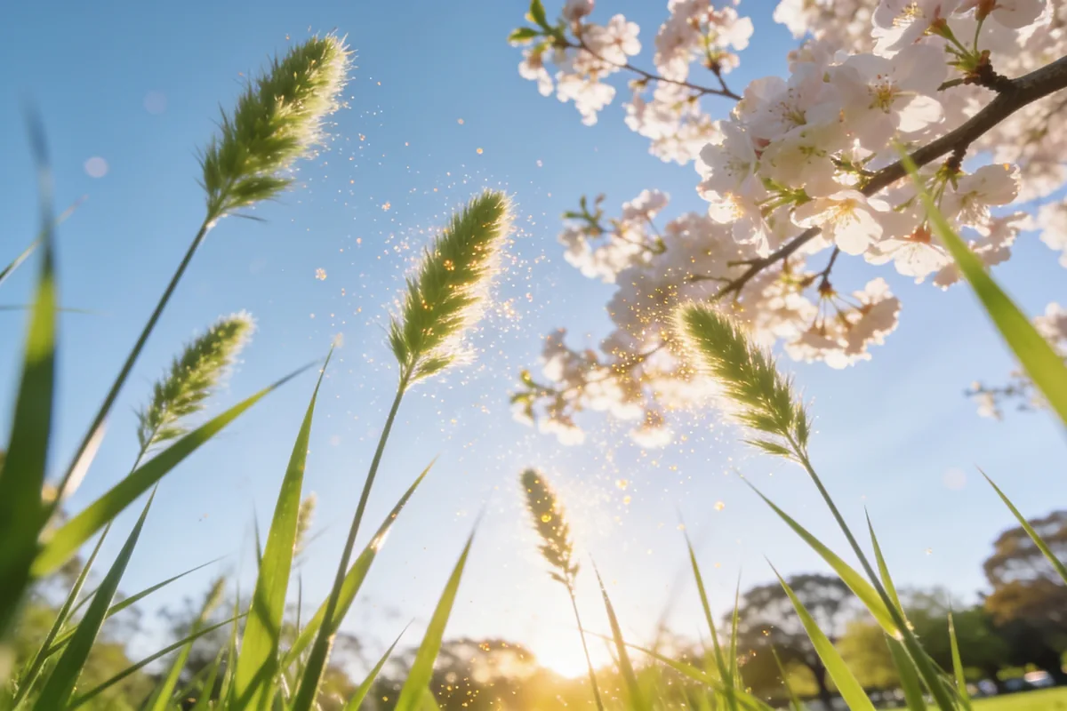 A close, soft-focus view of tall green grass heads and a flowering tree branch against a clear pale blue spring sky, fine pollen dust glowing in the low sunlight.
