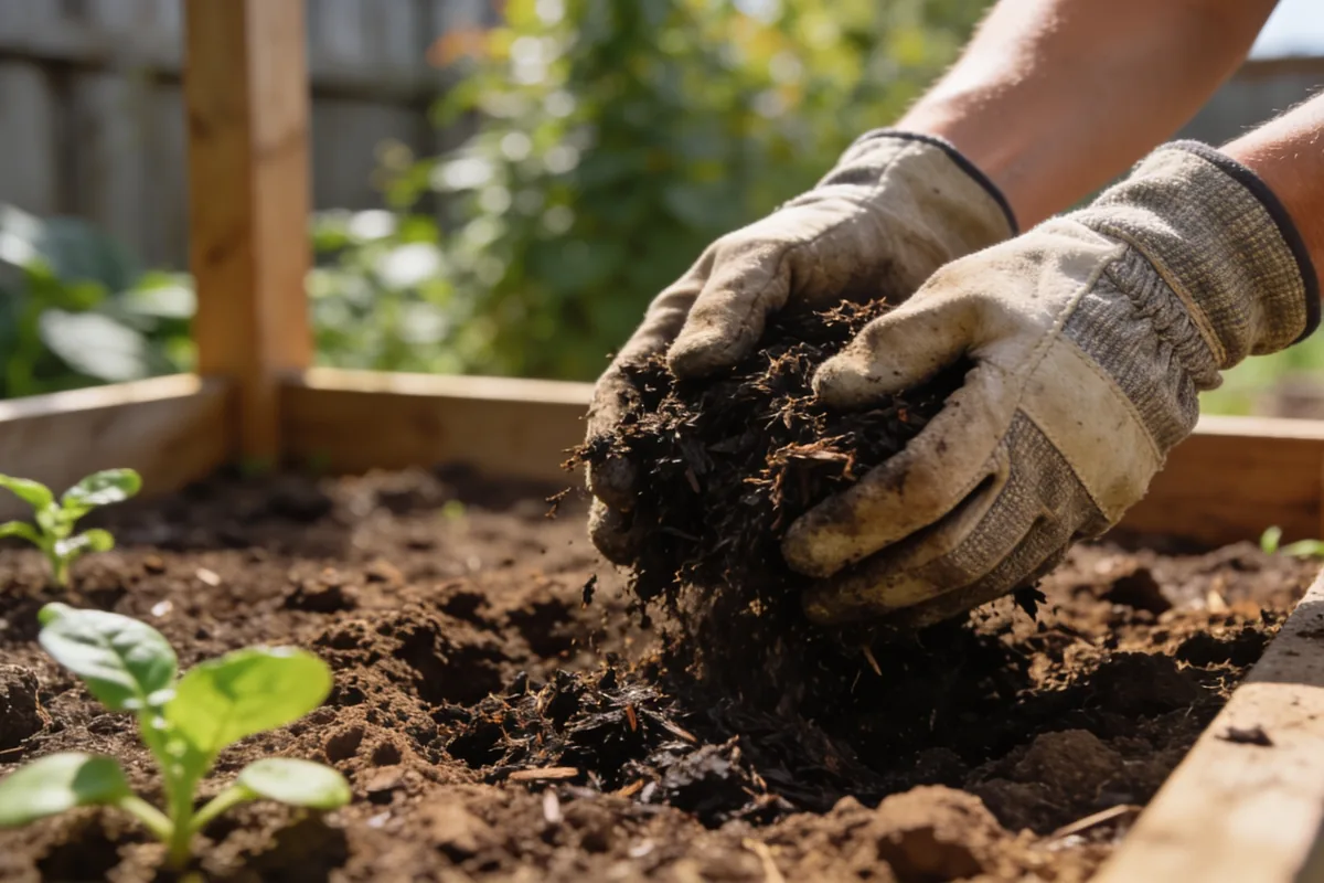 A gardener's gloved hands mixing dark compost into loosened garden soil in a raised garden bed, small green seedlings visible in the bed nearby.