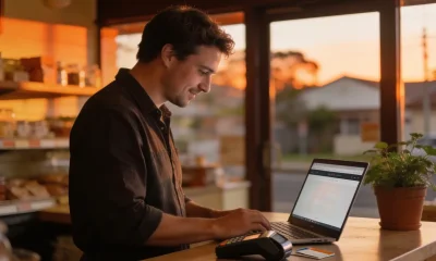 Small-business owner behind a shop counter looking at a website on a laptop.