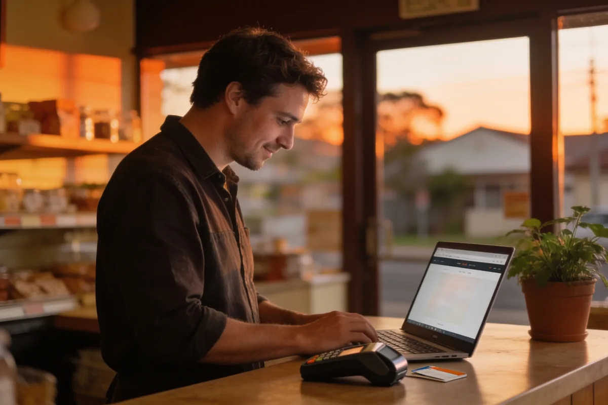 Small-business owner behind a shop counter looking at a website on a laptop.
